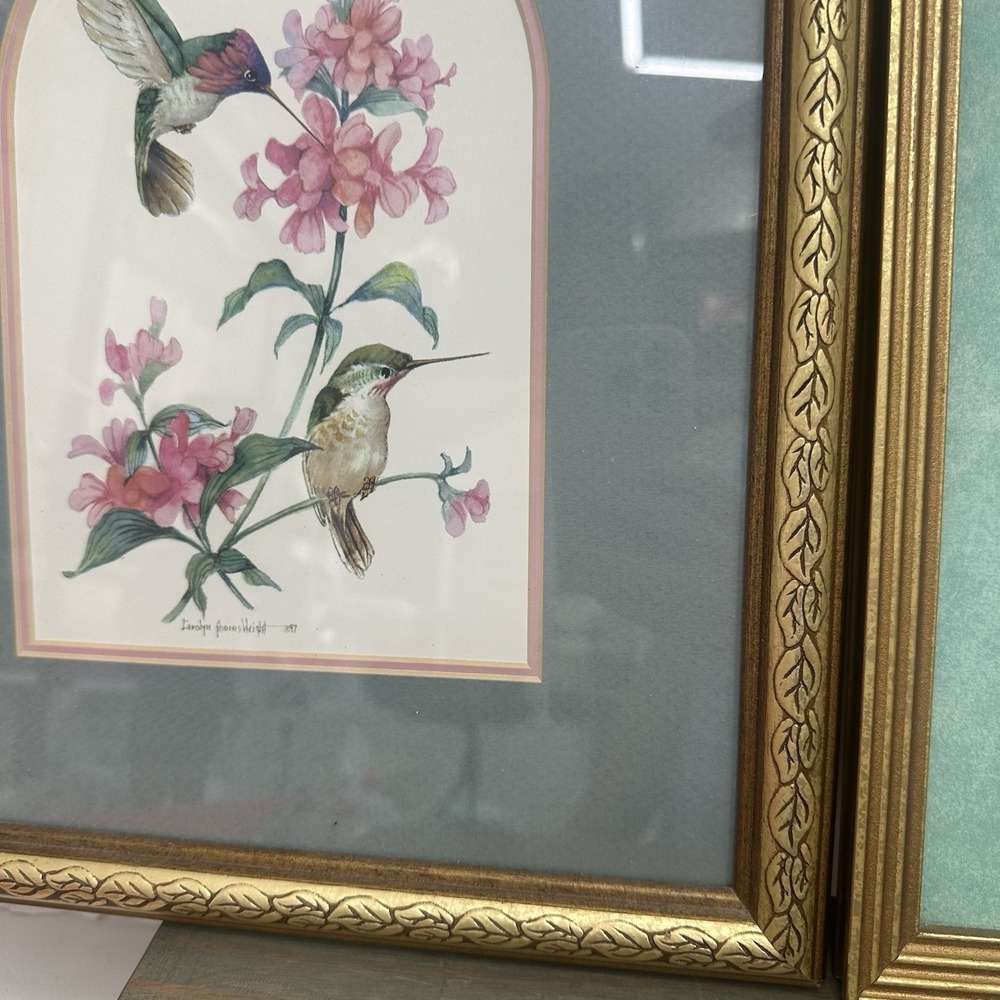 Lot Of 2 Framed Hummingbird & Pink Flowers Art Print Gold Frames Still‎ Life - Picture 4 of 16